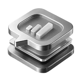 Silver stacked icon featuring a speech bubble with three bar graph elements.