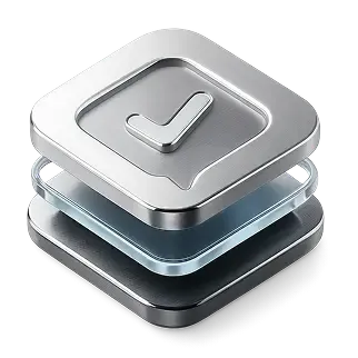 A stack of three metallic silver squares, with a raised checkmark on the top layer.