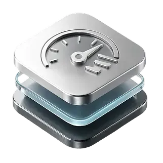 A silver icon with three stacked squares, topped by a gray speedometer gauge.